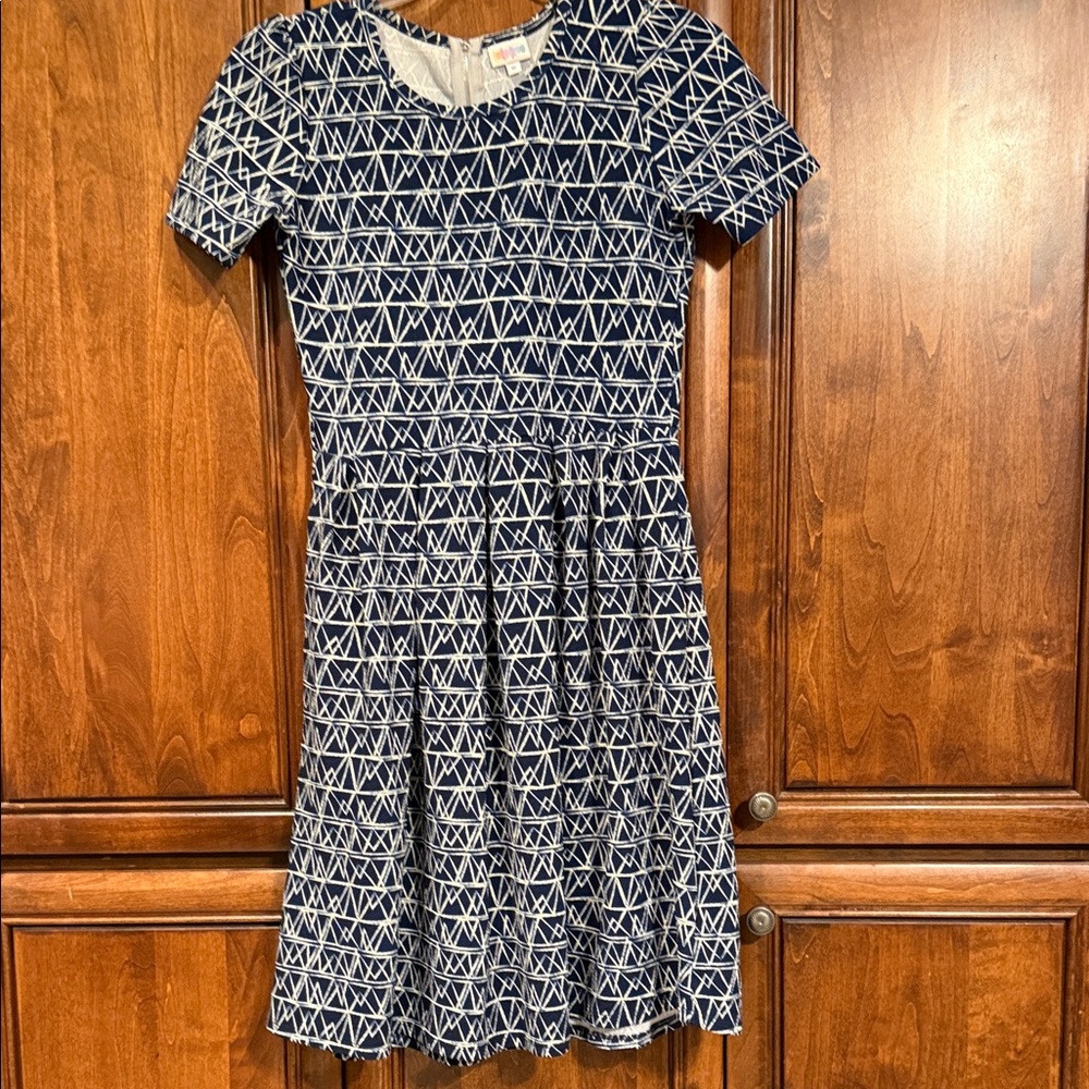 LuLaRoe Amelia Dress in Navy and White Geometric Pattern